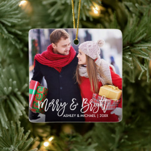 Modern Brush Script Merry and Bright Couple Foto Keramikornament