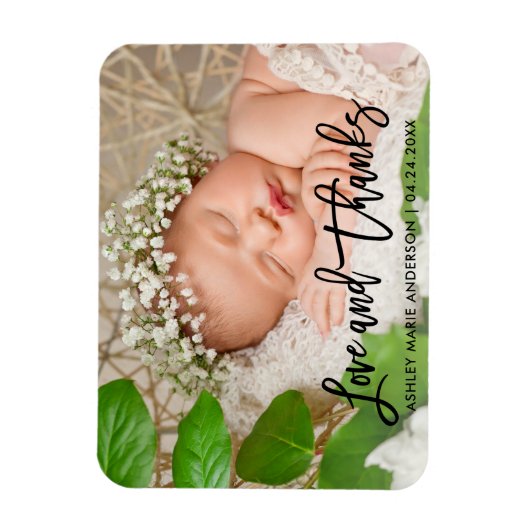 Modern Brush Script Neue Baby Liebe und Danke Blk Magnet (Vertikal)