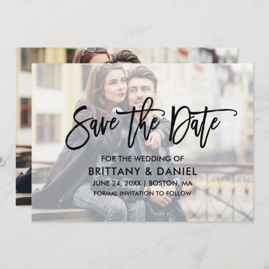 Modern Brush Script Overlay Save the Date Card (Vorne/Hinten)