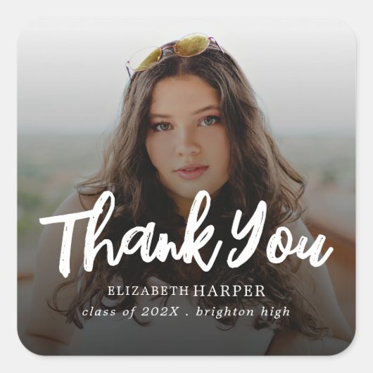 Modern Brush Script Photo Graduation Thank You Quadratischer Aufkleber (Vorderseite)