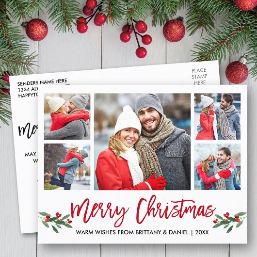 Modern Brush Script Red 5 Foto Frohe Weihnachten Postkarte