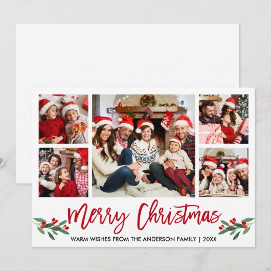 Modern Brush Script Red 5 Foto Weihnachten (Vorne/Hinten)