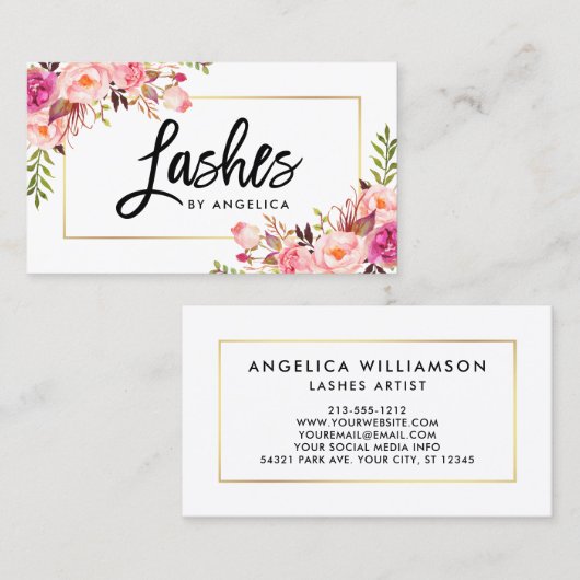 Modern Brush Script Rosa Floral Lashes Visitenkarte (Vorne/Hinten)