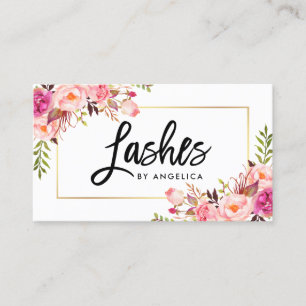 Modern Brush Script Rosa Floral Lashes Visitenkarte