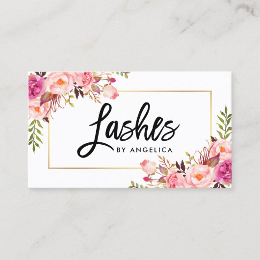 Modern Brush Script Rosa Floral Lashes Visitenkarte (Vorderseite)