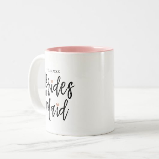 Modern Brush Script Rose Gold Hearts Bridesmaid Zweifarbige Tasse (Vorderseite Links)