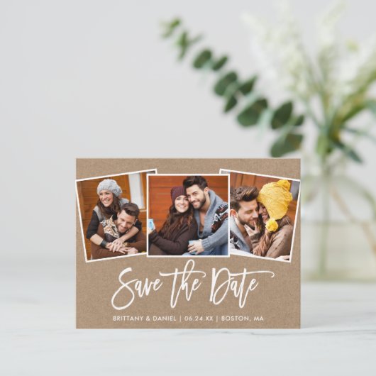 Modern Brush Script Save the Date 3 Foto Kraft Postkarte (Stehend Vorderseite)