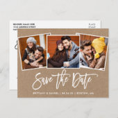 Modern Brush Script Save the Date 3 Foto Kraft Postkarte (Vorne/Hinten)