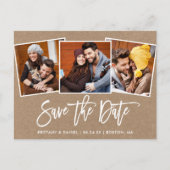 Modern Brush Script Save the Date 3 Foto Kraft Postkarte (Vorderseite)