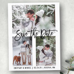 Modern Brush Script Save The Date 3 Photo Postkarte<br><div class="desc">Modern Brush Script Save The Date Engagement Couple 3 Photo Postcard</div>