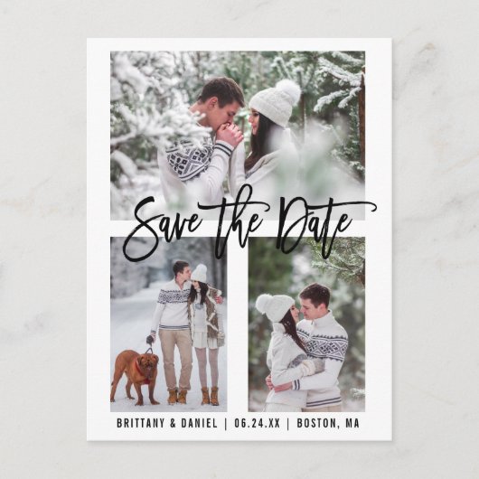 Modern Brush Script Save The Date 3 Photo Postkarte (Vorderseite)
