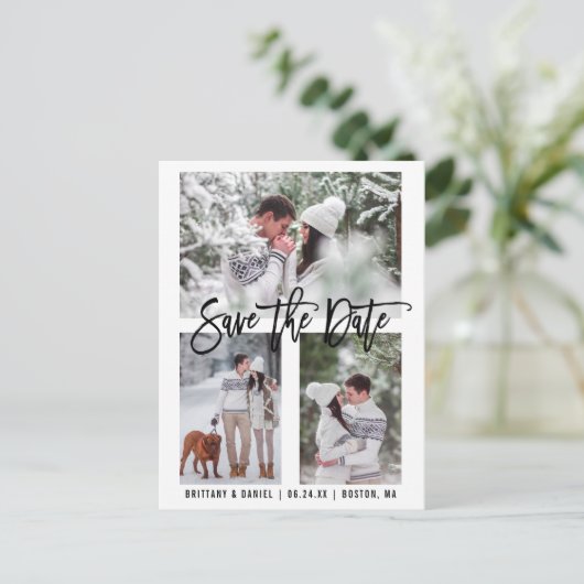 Modern Brush Script Save The Date 3 Photo Postkarte (Stehend Vorderseite)
