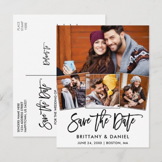 Modern Brush Script Save the Date 4 Foto Couple Postkarte (Vorne/Hinten)