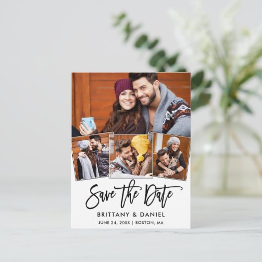Modern Brush Script Save the Date 4 Foto Couple Postkarte (Stehend Vorderseite)