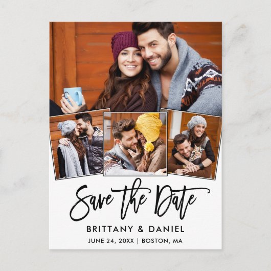 Modern Brush Script Save the Date 4 Foto Couple Postkarte (Vorderseite)