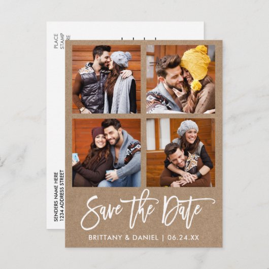 Modern Brush Script Save the Date 4 Foto Kraft Postkarte (Vorne/Hinten)