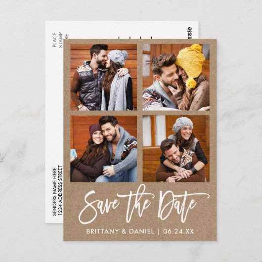 Modern Brush Script Save the Date 4 Foto Kraft Postkarte (Vorne/Hinten)