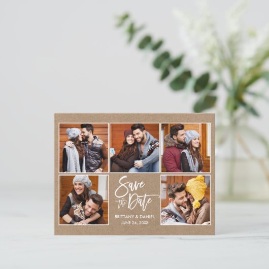 Modern Brush Script Save the Date 5 Foto Kraft Postkarte (Stehend Vorderseite)