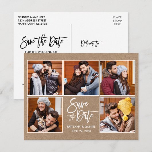 Modern Brush Script Save the Date 5 Foto Kraft Postkarte (Vorne/Hinten)