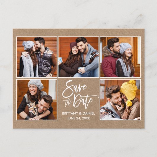 Modern Brush Script Save the Date 5 Foto Kraft Postkarte (Vorderseite)