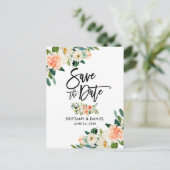 Modern Brush Script Save the Date Coral Floral Ankündigungspostkarte (Stehend Vorderseite)