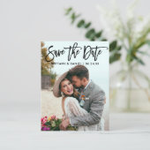 Modern Brush Script Save the Date Couple Foto B Postkarte (Stehend Vorderseite)