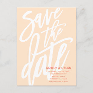 Modern Brush Script Save the Date Peach Ankündigungspostkarte