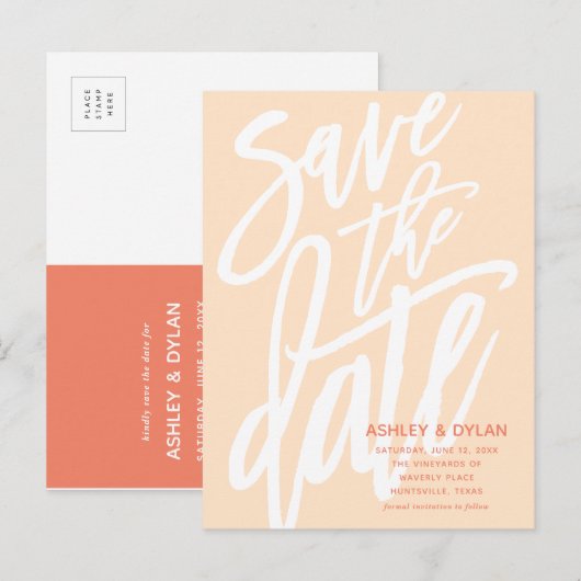Modern Brush Script Save the Date Peach Ankündigungspostkarte (Vorne/Hinten)