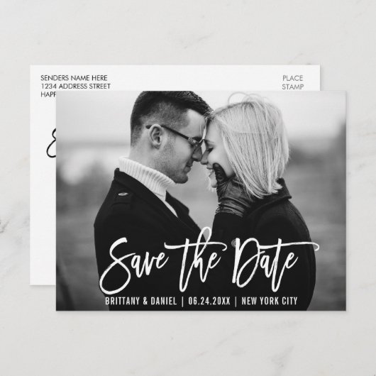 Modern Brush Script Trendy Save the Date Foto Postkarte (Vorne/Hinten)