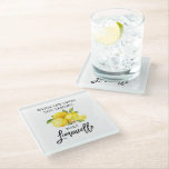 Modern Brush Script Wasserfarbe Limoncello Glasuntersetzer<br><div class="desc">Moderne Pinselschrift Wasserfarben Zitronen,  wenn das Leben gibt Ihnen Zitronen machen Limoncello Glass Untersetzer</div>