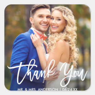 Modern Brush Script Wedding Foto Vielen Dank Quadratischer Aufkleber