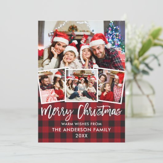 Modern Brush Script Weihnachten Rot Kariert 4 Foto (Stehend Vorderseite)