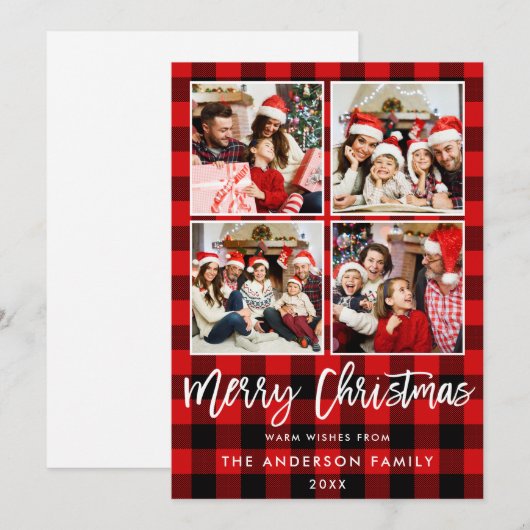 Modern Brush Script Weihnachten Rot Kariert 4 Foto (Vorne/Hinten)