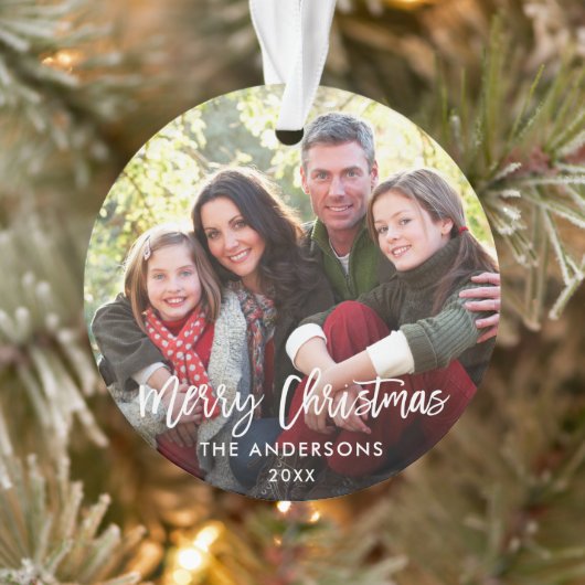 Modern Brush Script Weihnachtsfamilie Foto WR Ornament (Baum)