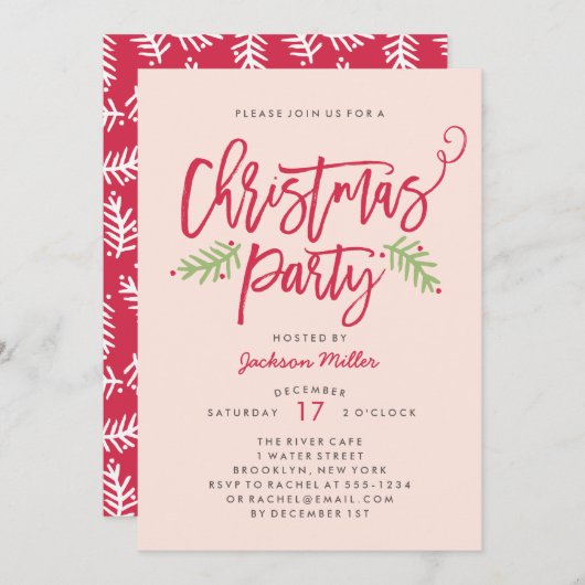 Modern Brush Script Weihnachtsfeier Blush Einladung (Vorne/Hinten)