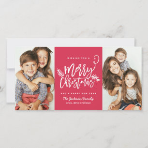 Modern Brush Script Weihnachtsfeiertag 2-Foto Rot Feiertagskarte