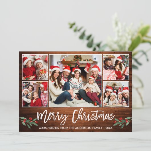 Modern Brush Script Wood 5 Foto Weihnachten (Stehend Vorderseite)