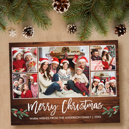 Modern Brush Script Wood 5 Foto Weihnachten Postkarte