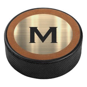 Modern Brushed Gold Luxe Monogram Eishockey Puck