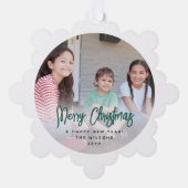 Modern Brushed Green Script Frohe Weihnachts-Foto Ornament Karte (Vorderseite)