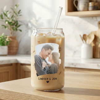 Modern Brushstroke Couple Photo & Name Iced Coffee Dosenglas
