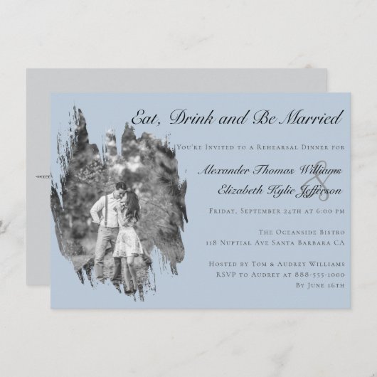 Modern Brushstroke Photo Blue Rehearsal Dinner Einladung (Vorne/Hinten)