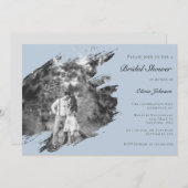 Modern Brushstroke Photo Bridal Shower Blue Einladung (Vorne/Hinten)