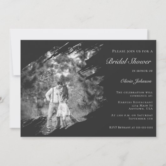 Modern Brushstroke Photo Bridal Shower Soft Black Einladung (Vorderseite)
