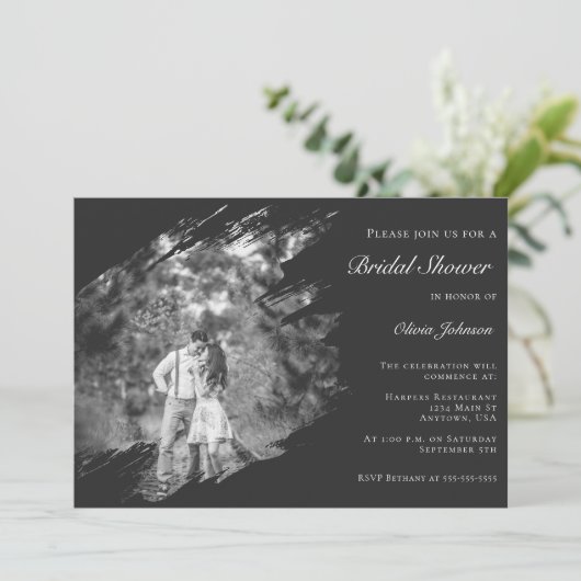 Modern Brushstroke Photo Bridal Shower Soft Black Einladung (Stehend Vorderseite)