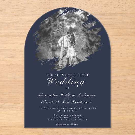 Modern Brushstroke Photo | Navy Blue Wedding Acryleinladungen (Vorderseite)
