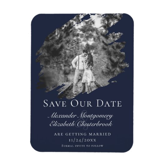 Modern Brushstroke Photo Save the Date Navy Blue Magnet (Vertikal)