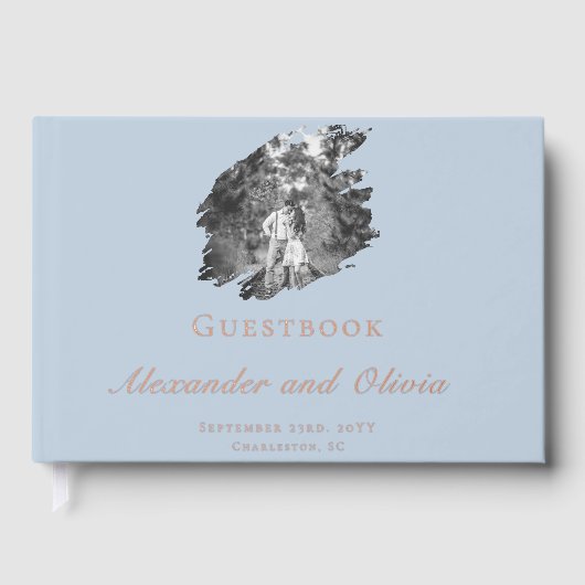 Modern Brushstroke Photo Wedding | Blue Gästebuch (Vorderseite)