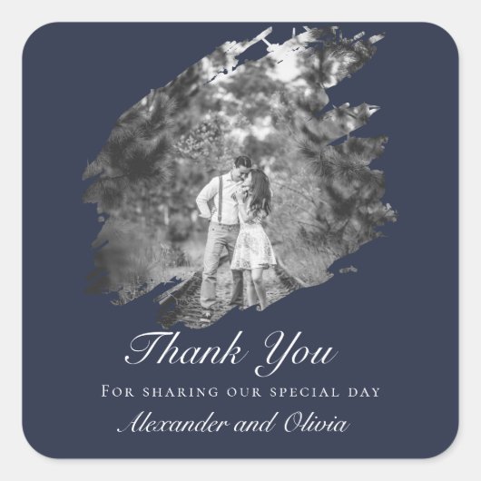 Modern Brushstroke Photo Wedding Favor Navy Blue Quadratischer Aufkleber (Vorderseite)