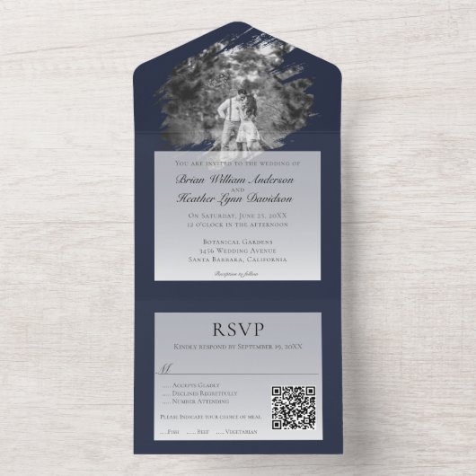 Modern Brushstroke Photo Wedding | Navy Blue All In One Einladung (Innen Boden)